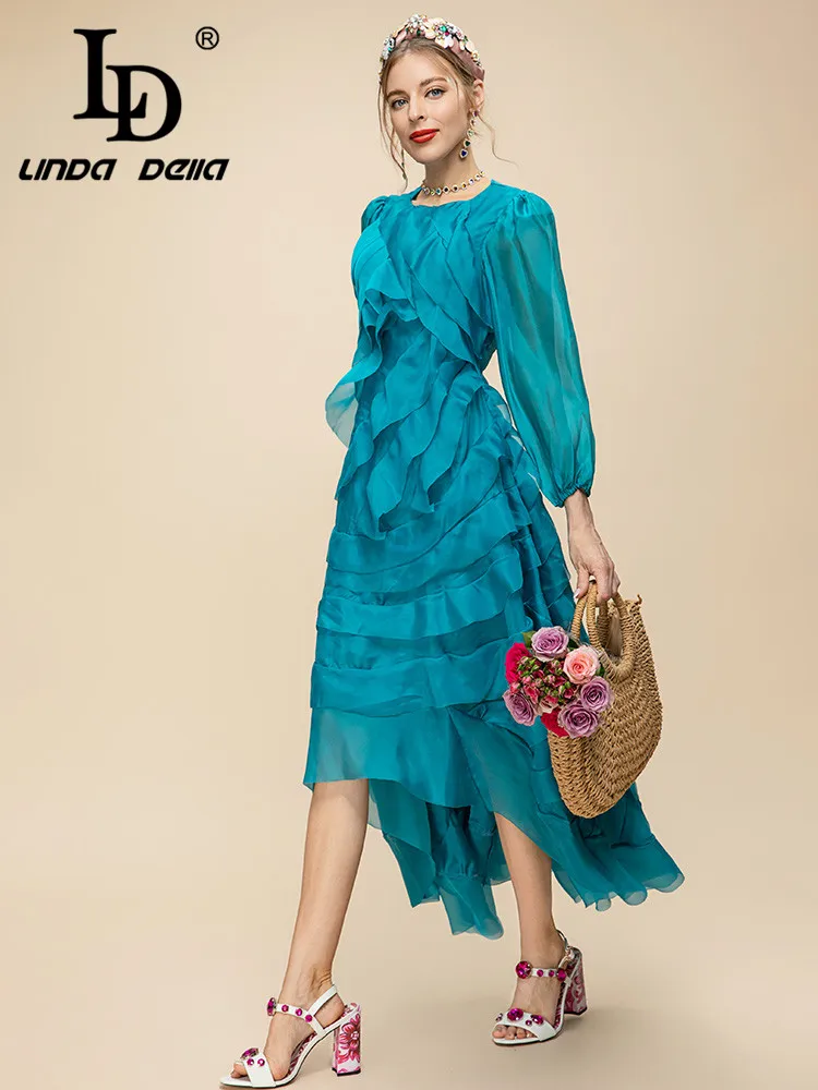 LD LINDA DELLA Summer Runway Designer Vintage Dress Women's Blue Round Neck High Waist  Crumple Dissymmetry Slim Fit Dress