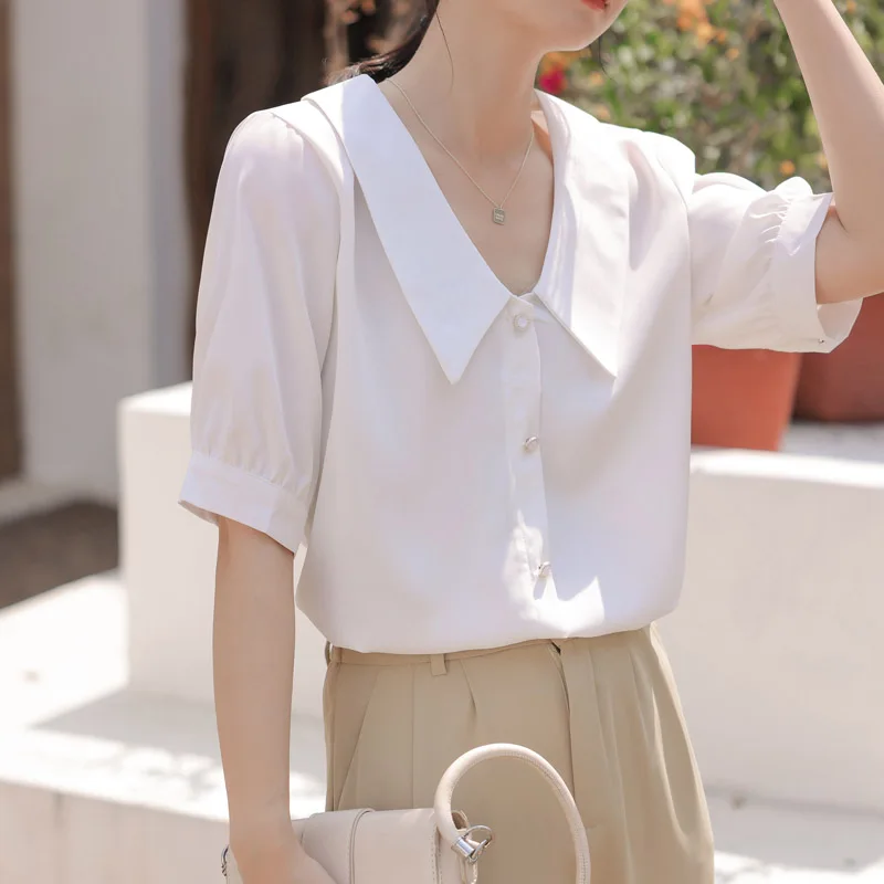 Camisa blanca informal para mujer, Blusa de manga corta con cuello de muñeca, ropa superior elegante para verano, nueva moda