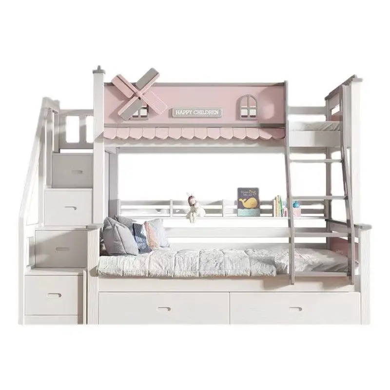 *Modern Kids Bunk Bed With Windmill House Theme Storage Stairs Drawers Bookshelf Luxury Children Bedroom Furniture for Girl