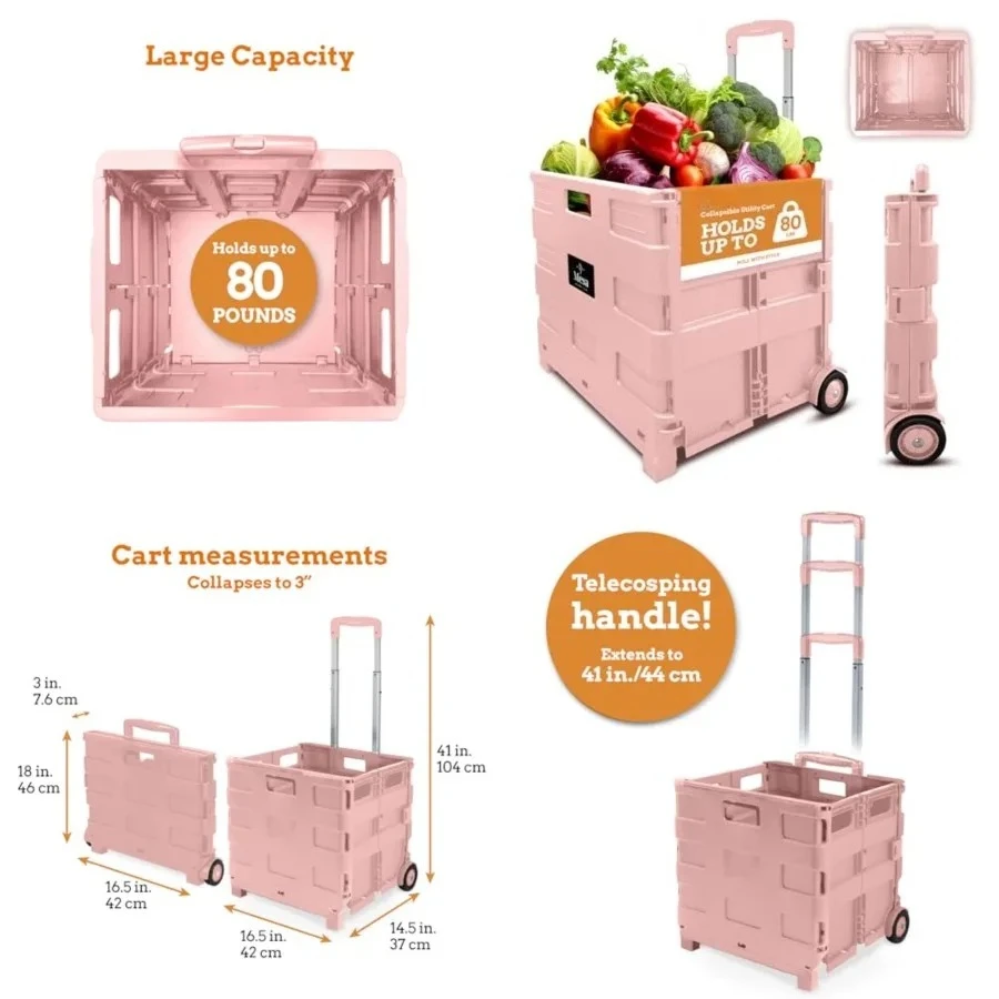 

Slim Rolling Collapsible Storage Pack-N-Roll Utility-carts, with Telescopic Handle, for Home, Garden, Shopping, Office, School use, Large, Raspberry Pink