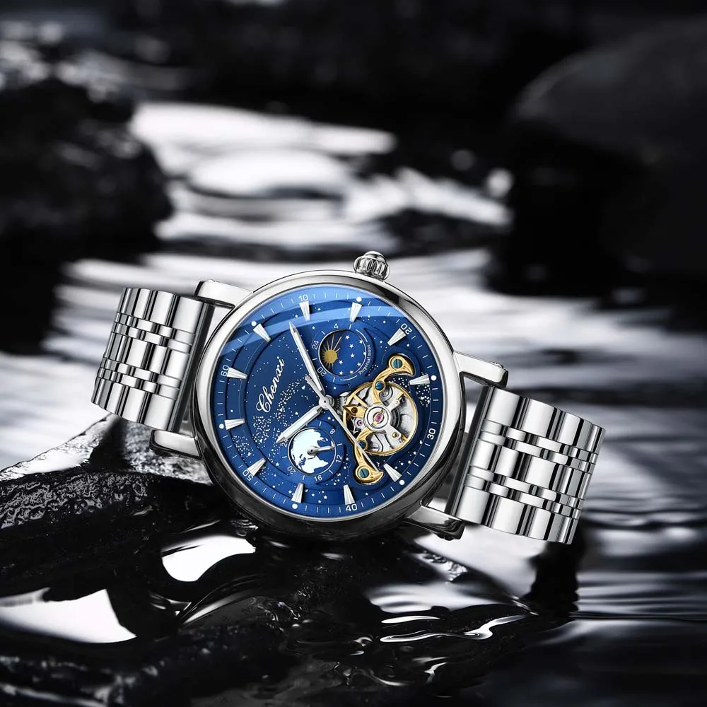 

CHENXI Мужские модные механические часы - Star River Moon Phase Hollow Tourbillon Автоматические деловые часы с кожаным ремешком