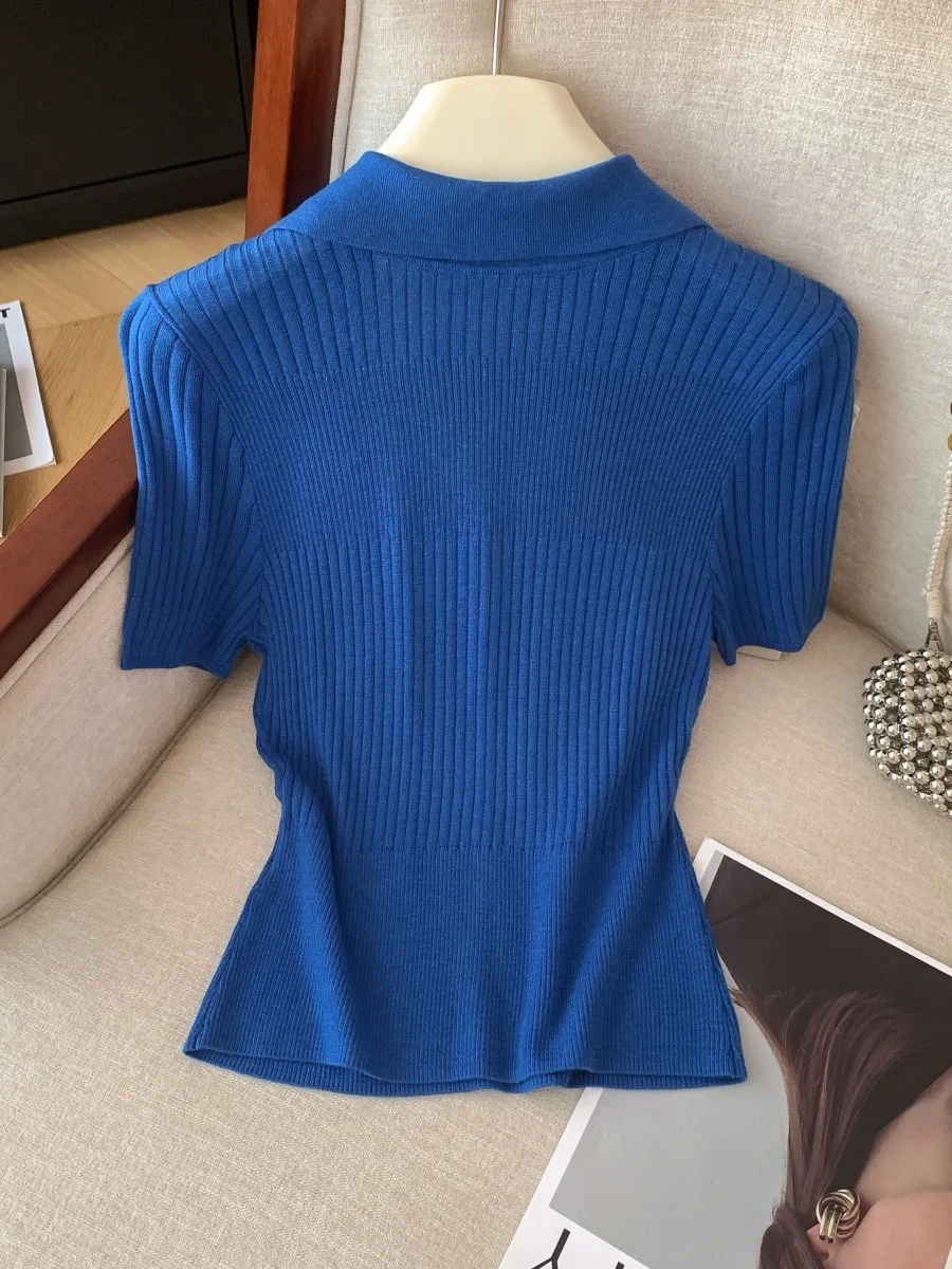 Klein Blue Ne Ice Silk T-Shirt Korean Sle Strickpullover Leichter Luxus Damen Faion Summer Pendeln Wind