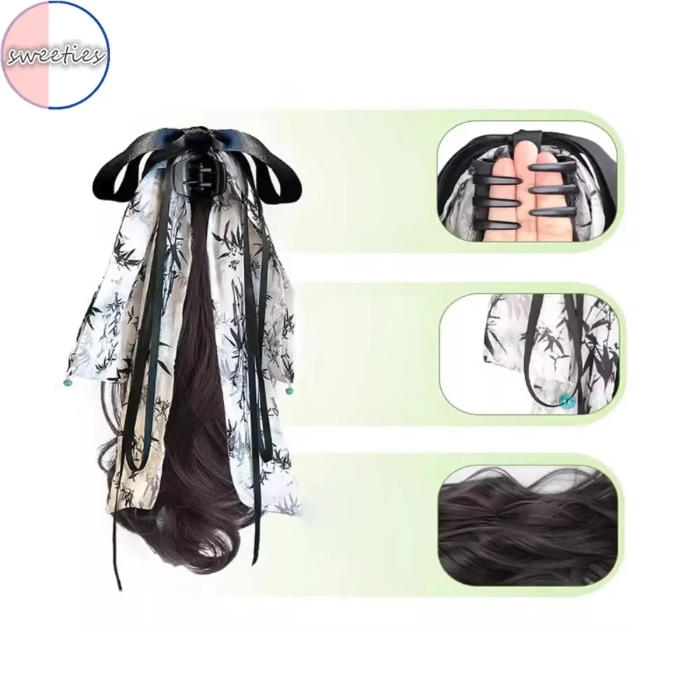 Synthetische Chinese Stijl Lint Boog Krullend Golf Clip-On Lage Paardenstaart Pruik Vrouw Simulatie Paardenstaart Pruiken Hair Extensions