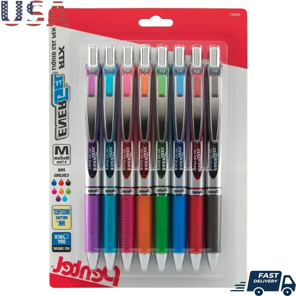 

EnerGel RTX Retractable Gel Pen Pack of 8 Smooth Writing Quick Drying Comfort Grip Metal Tip Assorted Ink Refillable No Smudge