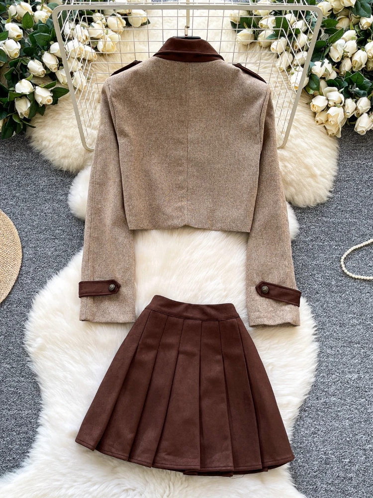 French Fashion Elegant Lapel Two Piece Set Women Autumn Winter Retro Slim Double Breasted Short Jacket + Pleated Skirt Outfit