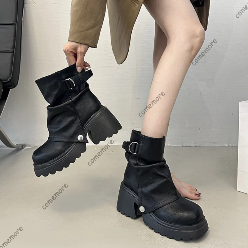 Comemore New Folded Round Head Thick Heel British Style Boot Spring Autumn Chunky Heeled Fashion Shoes Platform Short Booties view 2