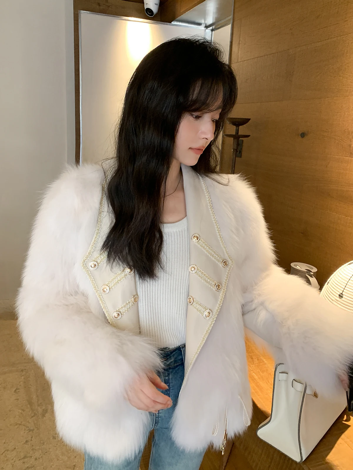 

2024 New Real fur,NEW FAMOUS Korean Long Natural Wool Blends Cashmere Real Fur Coat Double Breasted Belt Warm Streetwear fashio