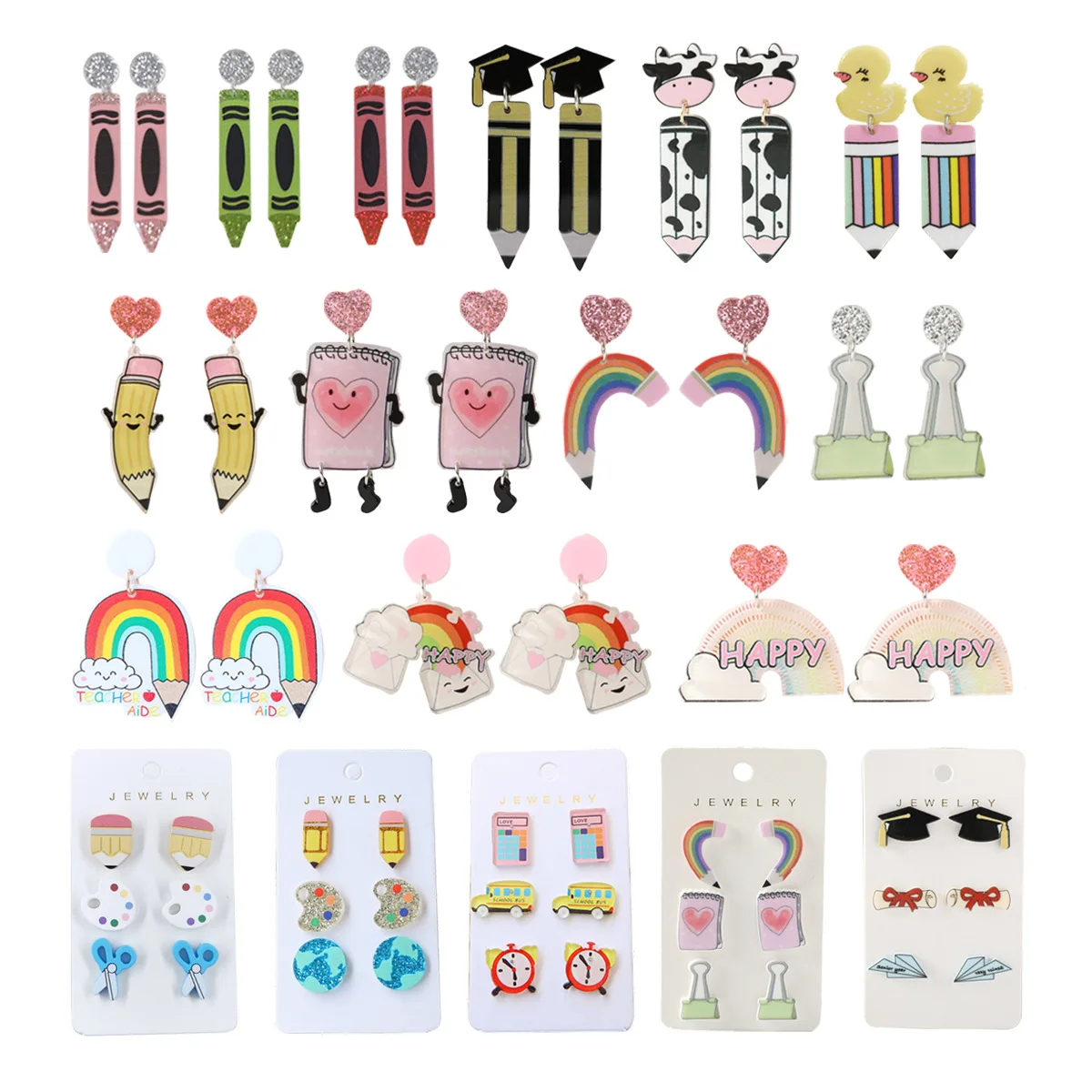 

Starting season color palette acrylic printing campus teacher earrings rainbow pencil notebook doctoral cap pencil earrings