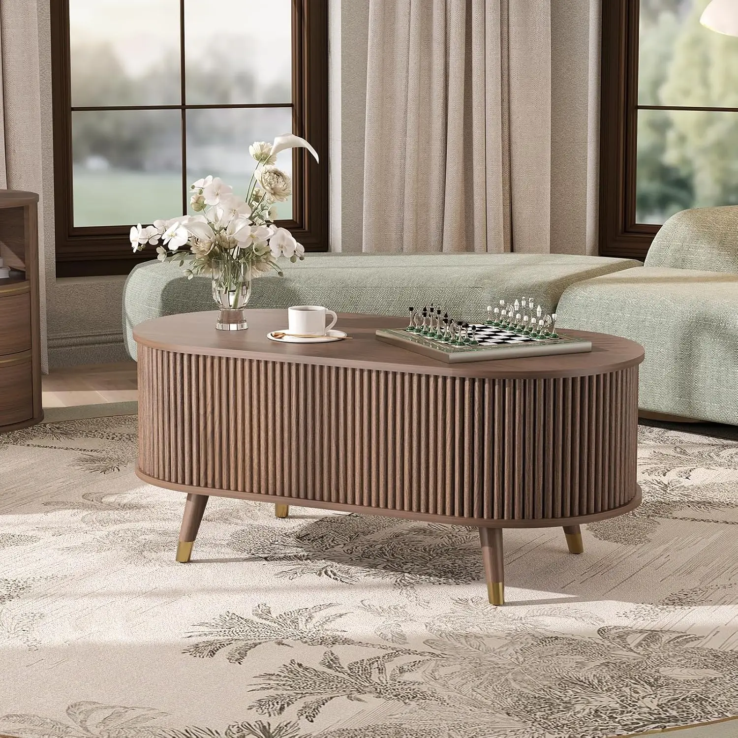 طاولة قهوة بيضاوية مع سطح رفع، طاولة مركزية مخفية مقاس 42.5 بوصة مع حجرة مخفية وأرجل من الخشب الصلب