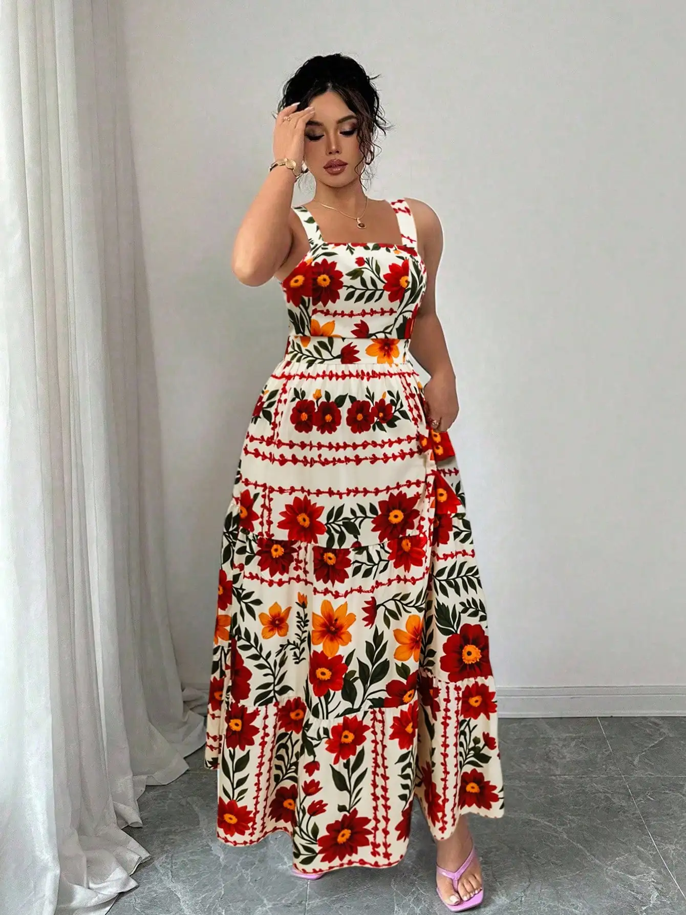 

Floral Print Square Neck Waist Cinched Fit And Flare Maxi Dress With Bow Back Casual Chic Summer Vacation Dress