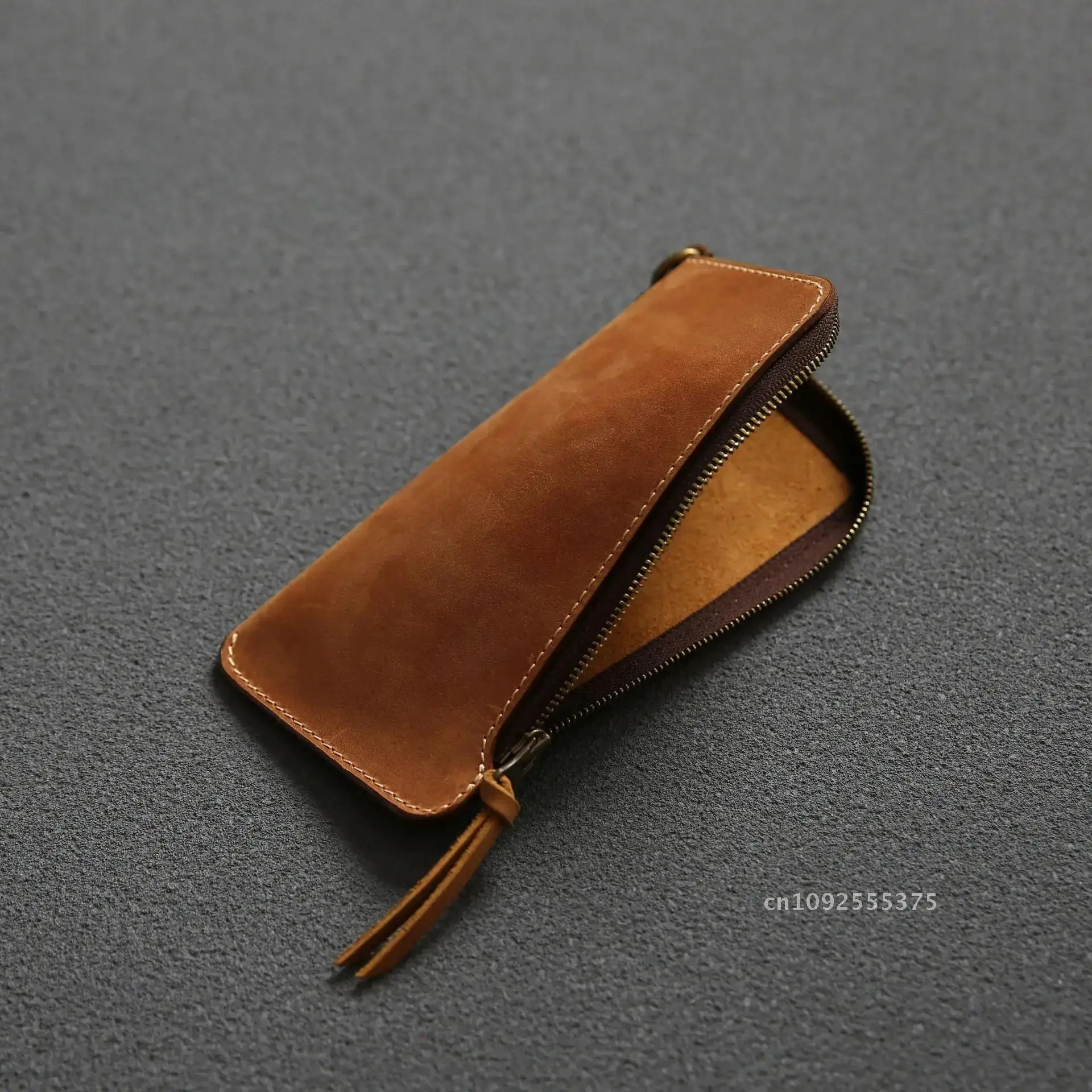 Cartera de cuero genuino 100% para hombre, Cuero de vaca Real Vintage hecho a mano, bolso de mano largo y delgado con cremallera, tarjetero para hombre, bolso para teléfono