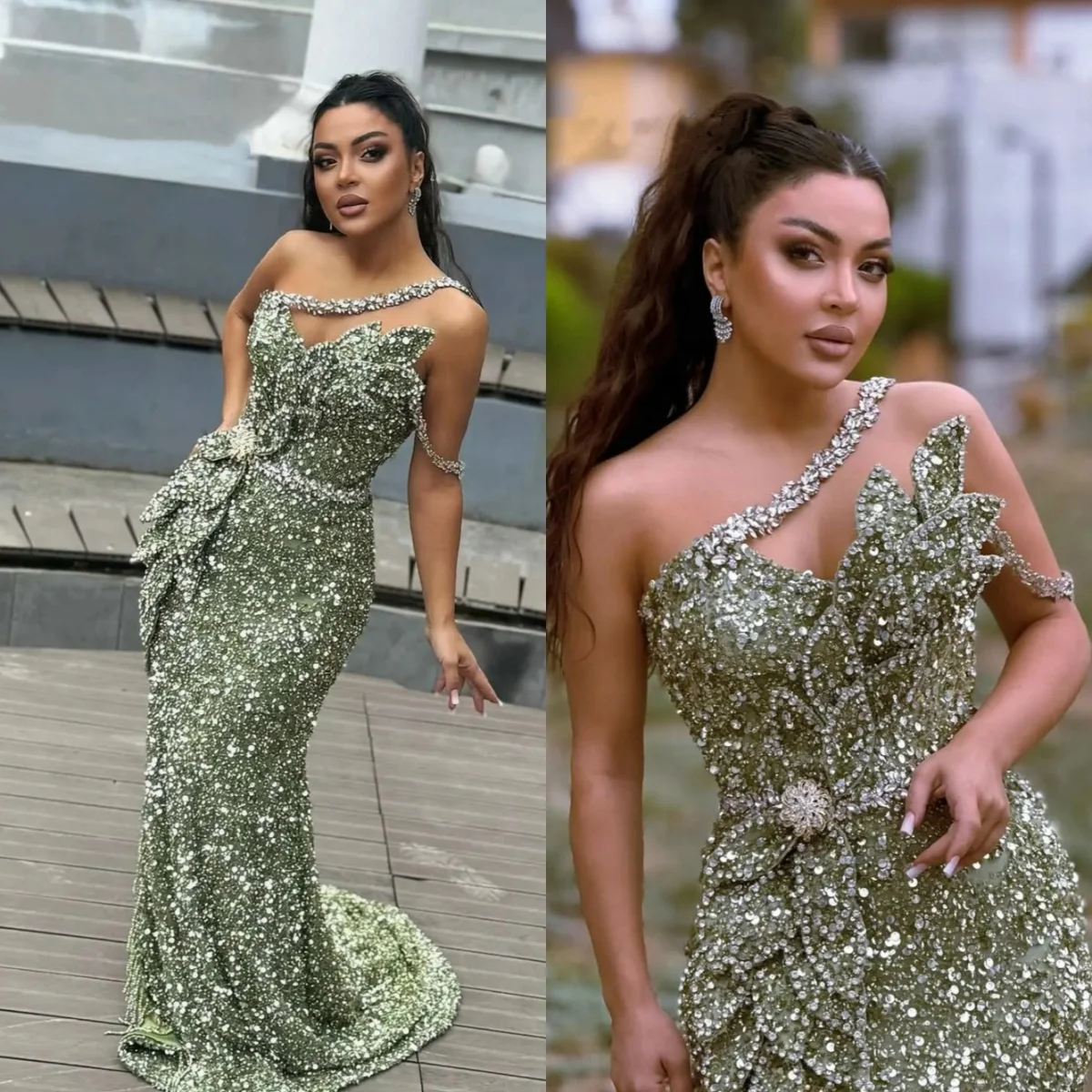 Design-Meerjungfrau-Abendkleid mit Kristall-Pailletten, One-Shoulder-Abschlussballkleid, sexy, ärmellos, bodenlang, Partykleid, individuell anpassbar