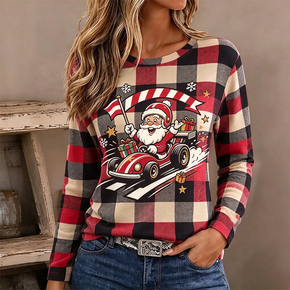 Camiseta de manga comprida para mulher, com estampa do Papai Noel, padrão xadrez, gola redonda, ideal para festas de Natal e outras celebrações de inv