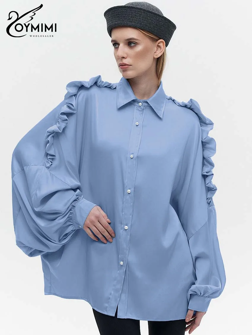 

Oymimi Elegant Blue Ruffled Women Shirts Fashion Turn-Down Collar Puff Sleeve Blouses Causal Single Breasted Solid Shirts Female