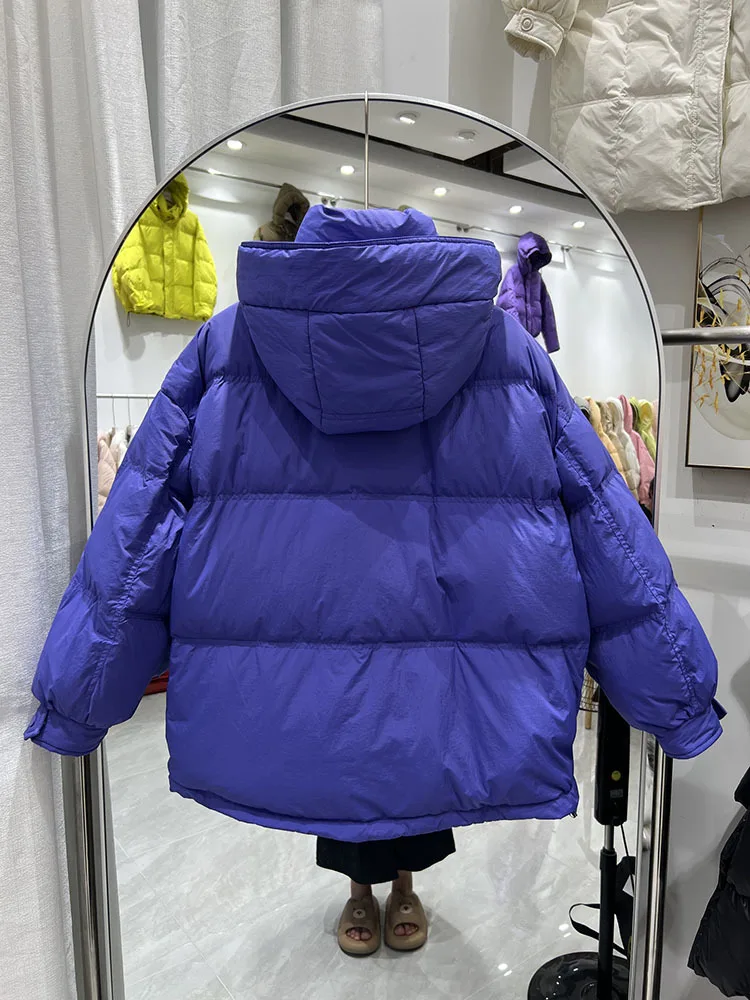 2023 Winter New Down Jacket Female Short Hooded Collar Warm Hundred And Thick Horn Buckle White Duck Down Lady Coat Tide