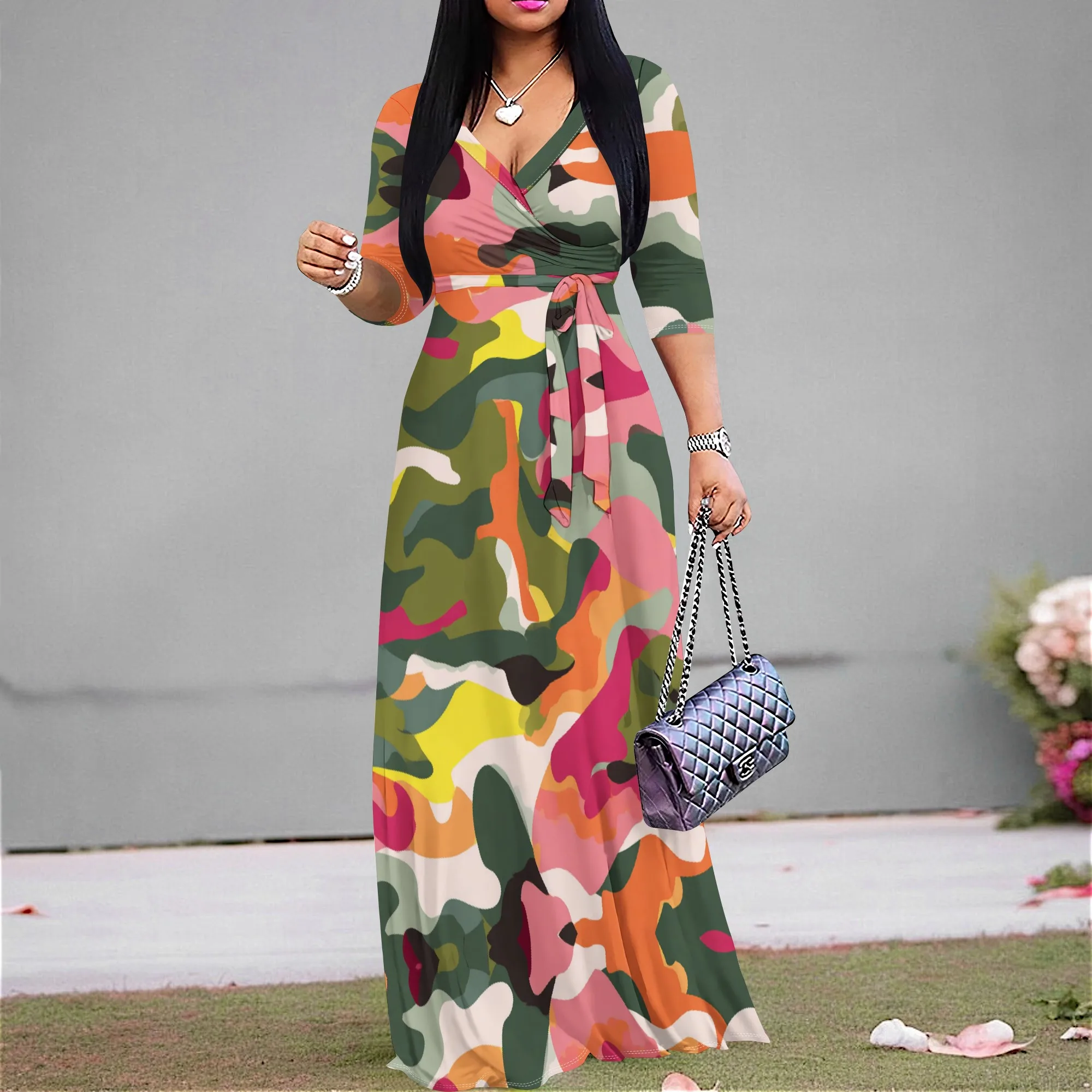

Colorful Camo Print Maxi Dress S-3XL V-Neck Wrap Belted for Art Festival, Music Concert or Spring Picnic