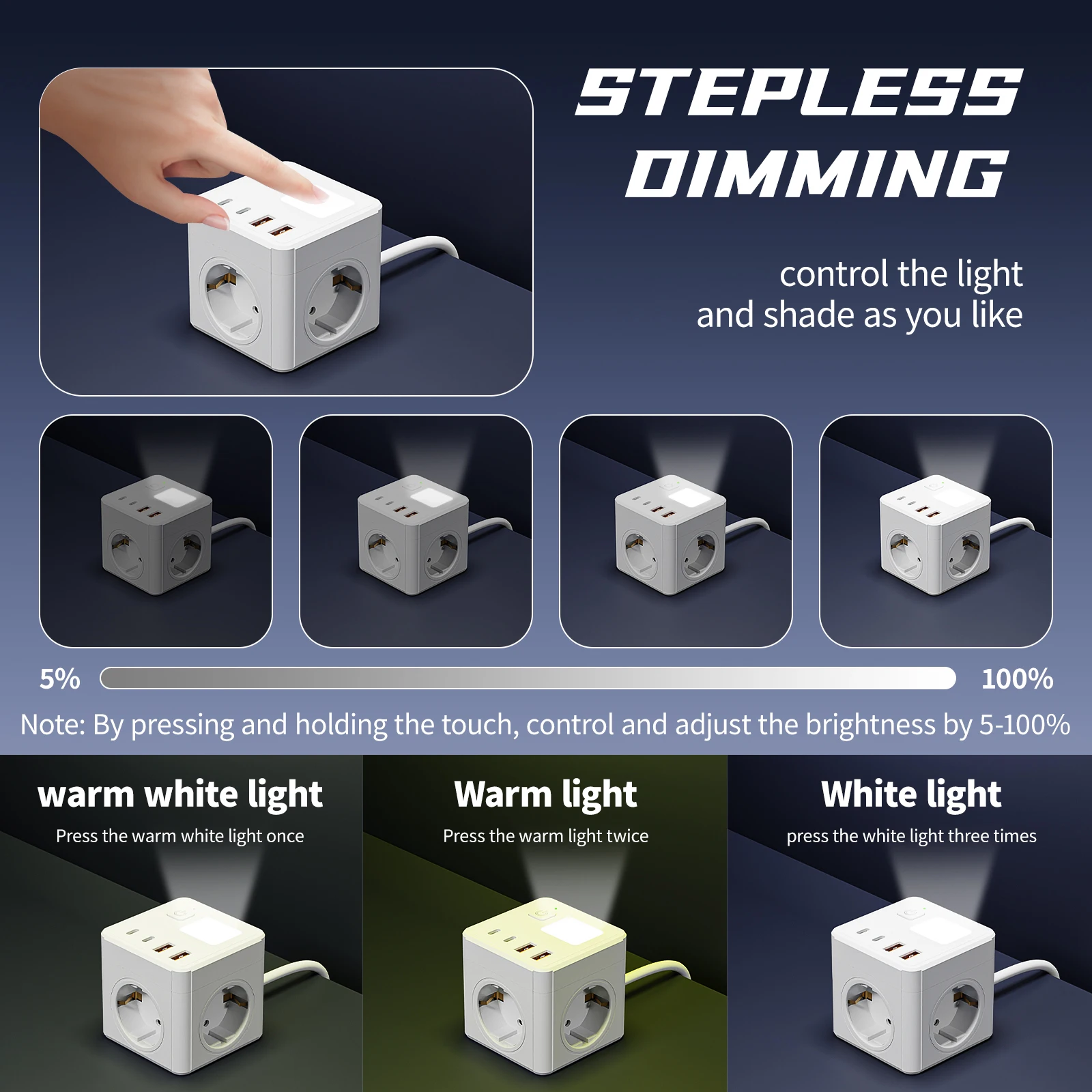 1 مقبس طاقة 8 في 1 من الاتحاد الأوروبي، مع لوحة طاقة سلك تمديد 1.5 متر، 3 مقابس تيار متردد و2 USB و2 Type-C وإضاءة ليلية صغيرة قابلة للتعتيم