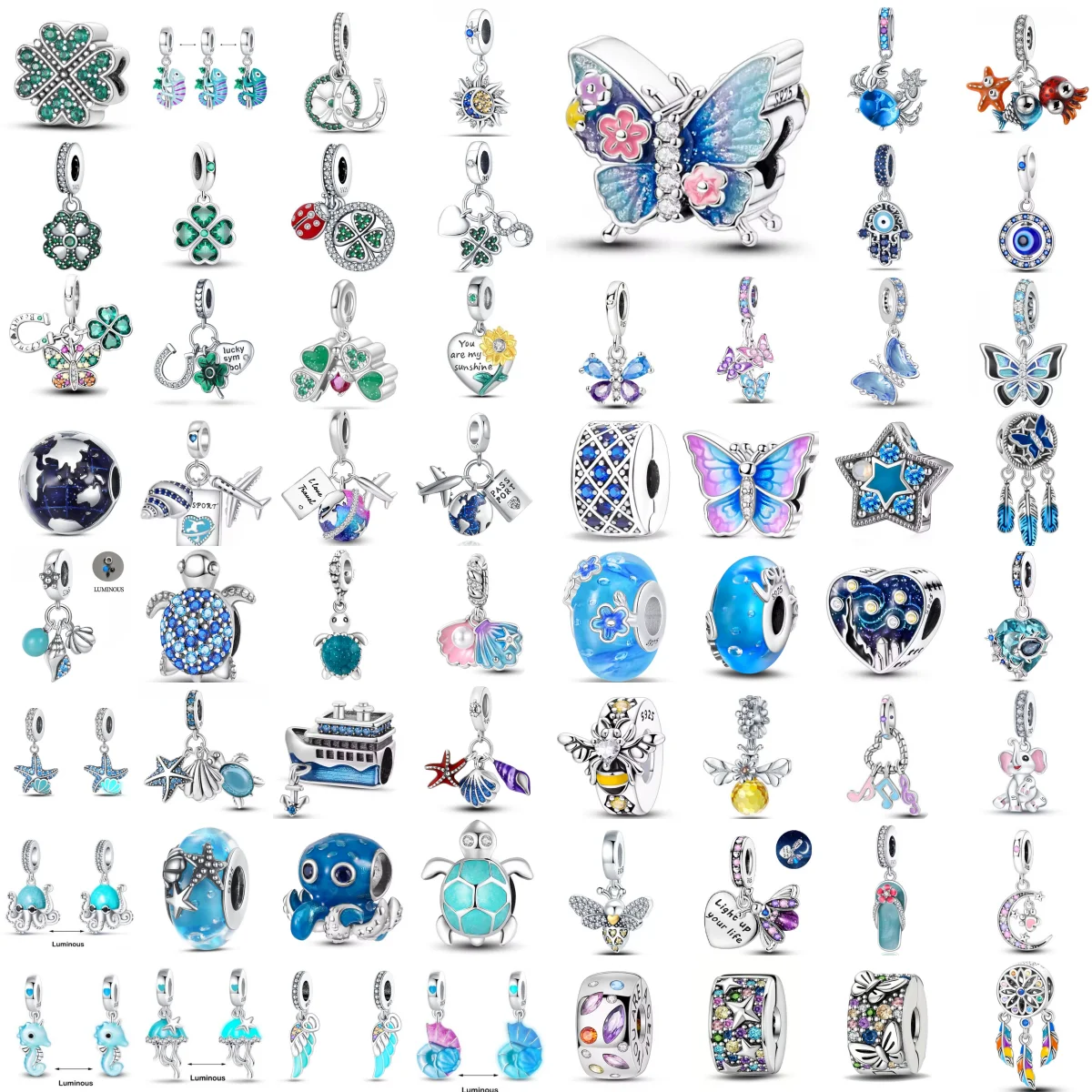 Fashion 925 Silver Butterfly, Turtle, Bee, Lucky Grass, Starfish Pendant, Suitable for DIY Women's Jewelry Bracelet Accessories