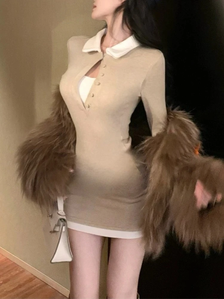 2025 outono francês elegante malha vestidos curtos feminino novo sexy corte hip abraçando vestido vintage emendado roupas de manga comprida