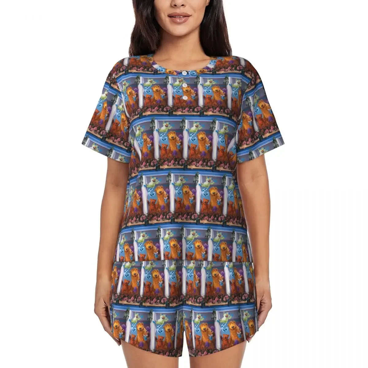 

Bear In The Big Blue House Round Neck Short Sleeve Nightgowns for Sleeping Sleepshirts Women Soft Pajama Set Short Pants