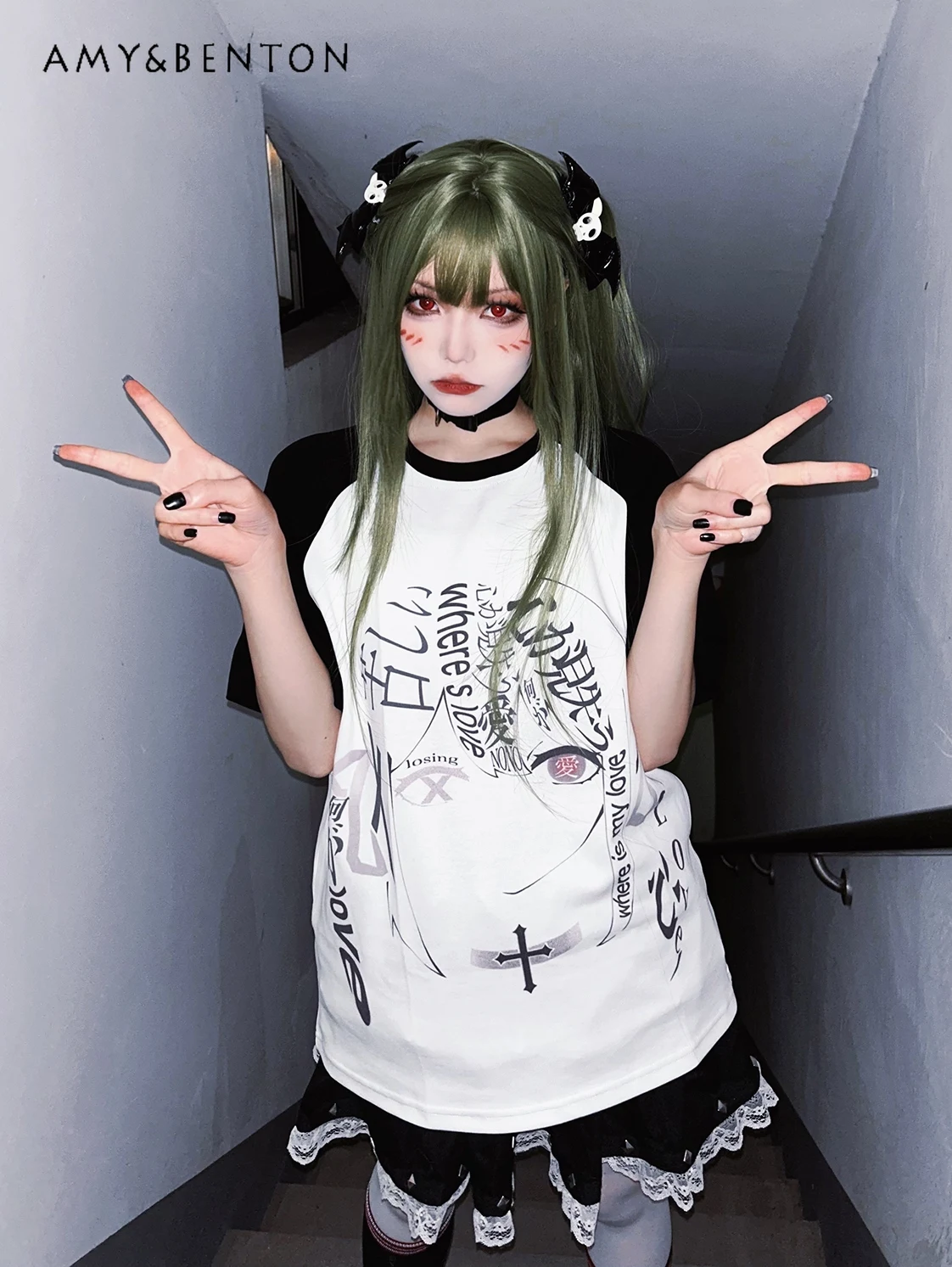 Subculture Harajuku Anime Print Color Matching Tops Summer New Two-Dimensional Mine Short Sleeve Oversized T Shirt Goth Y2k Top