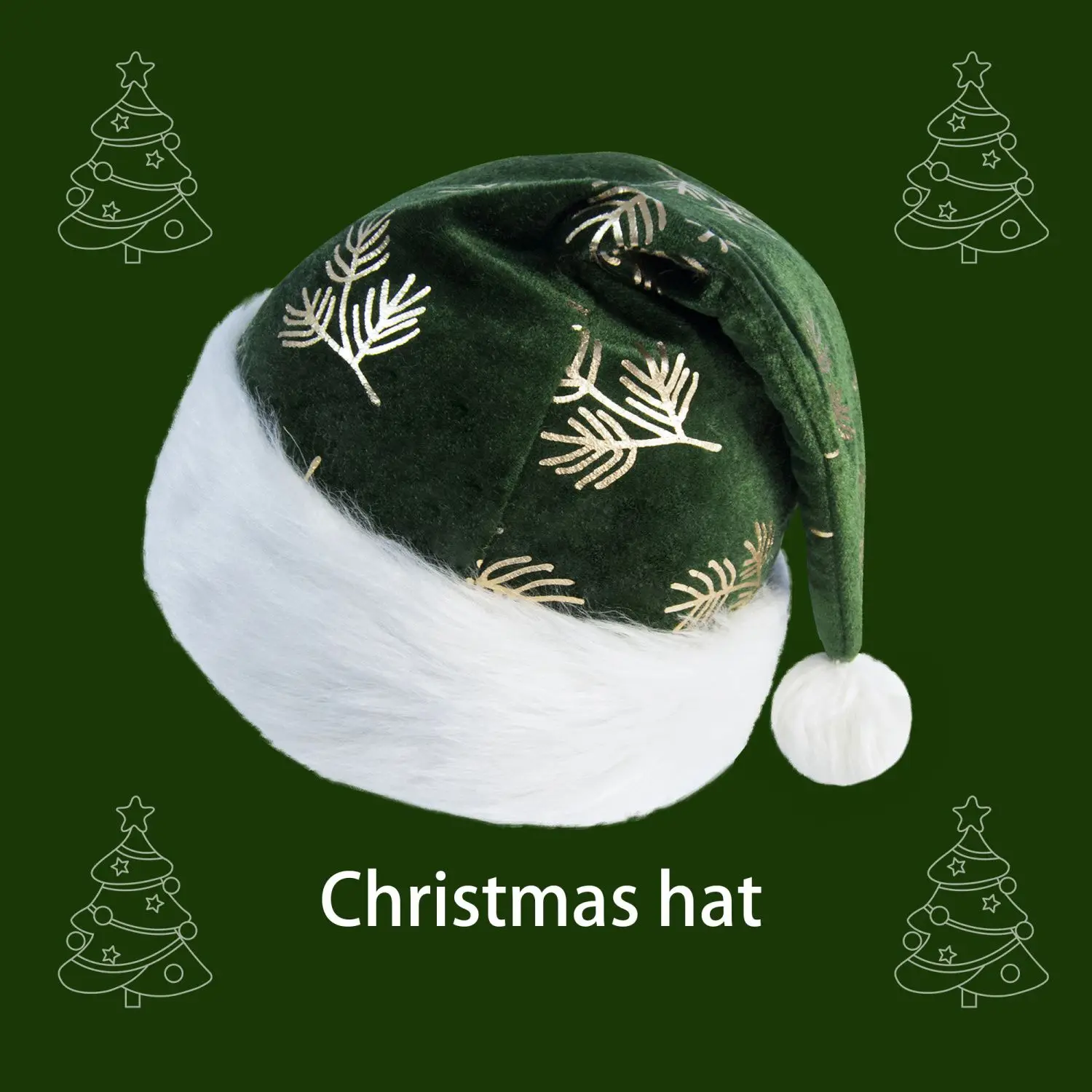 Gorro navideño de terciopelo verde con estampado de agujas de pino doradas, borde de felpa blanca y pompón, accesorio para fiestas navideñas.