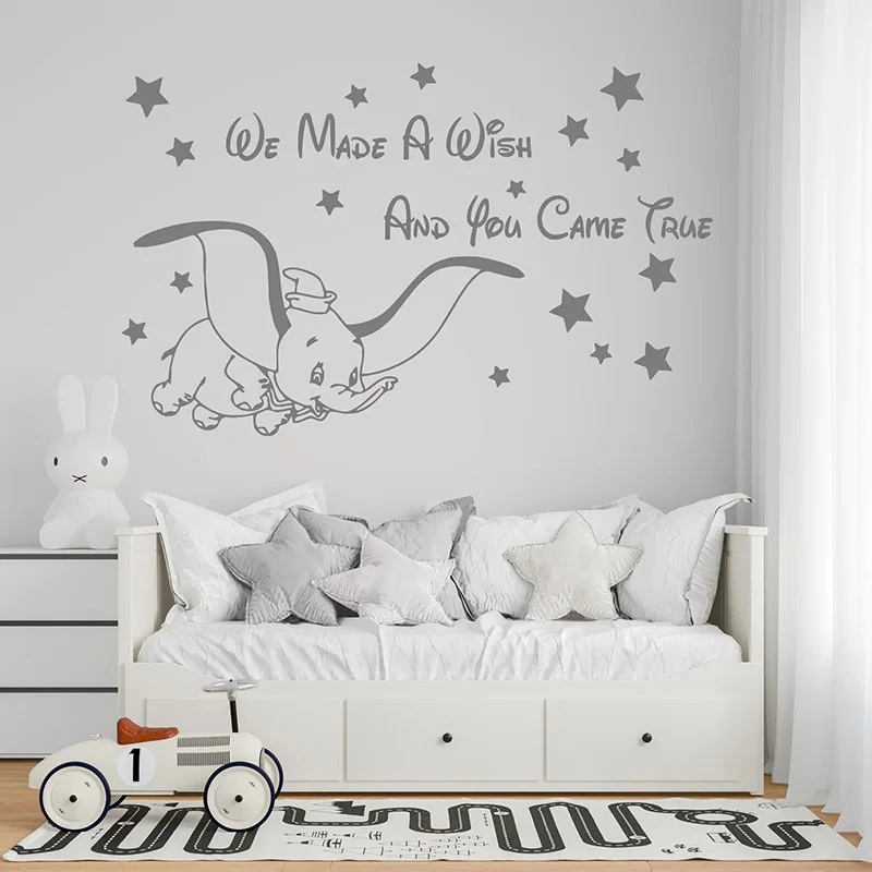 Cute Dumbo Elephant Wall Stickers With Stars We Made A Wish Quote Kids Bedroom Nursery Decoration Removable PVC Wall Decals E642