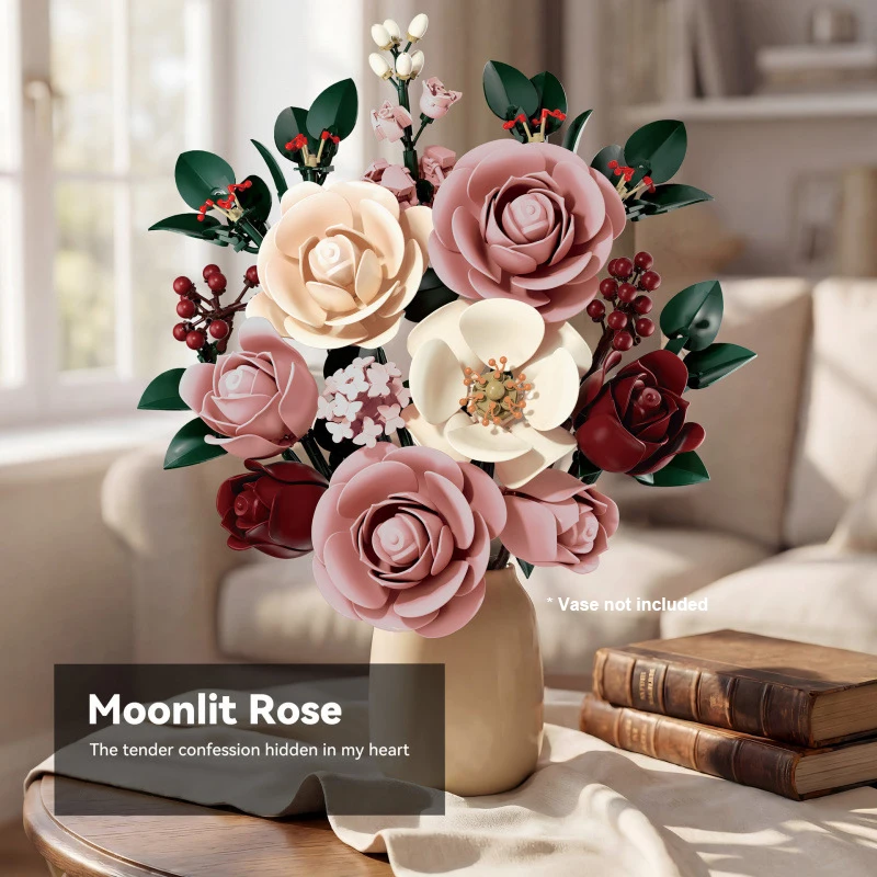 Roses Flower Bouquet Building Blocks Set DIY Flowers Botanical Puzzle Assembly Toy Collection Gifts Home Room Office Shelf Decor