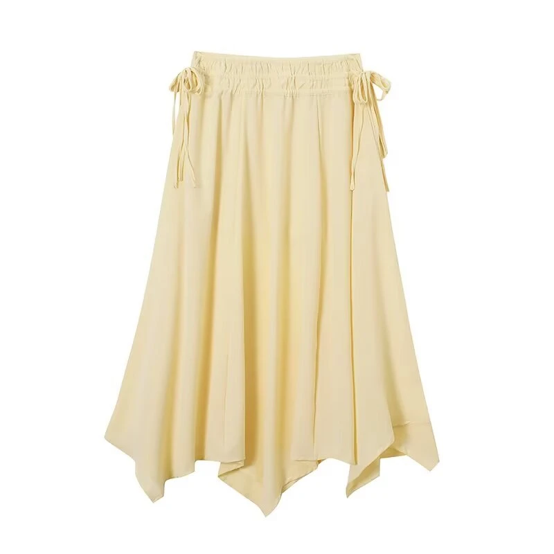 KEYANKETIAN 2026 Pale Yellow Midi Skirt Elastic Waist Side Drawstring Tie Flowy Asymmetric Hanky Hem Light Chiffon Casual Skirt
