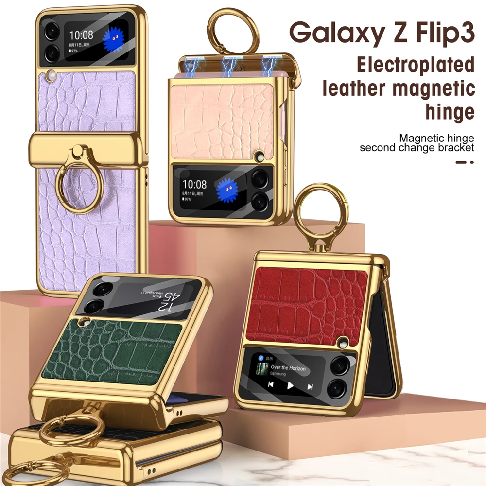 

Leather With 360 Ring Kickstand Plating Magnetic Cover, Ultra-thin Screen Protection, For Samsung Galaxy Z Flip 6 5 4 3 Case 5G