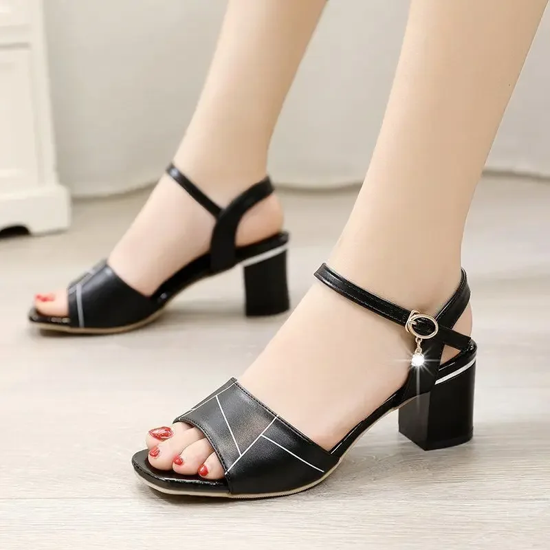 2023 Open Toe Women Chunky Heels Shoes Casual Women\'s Sandals Black White Female Fashion Buckles Fish Mouth Womens Sandal 34-40