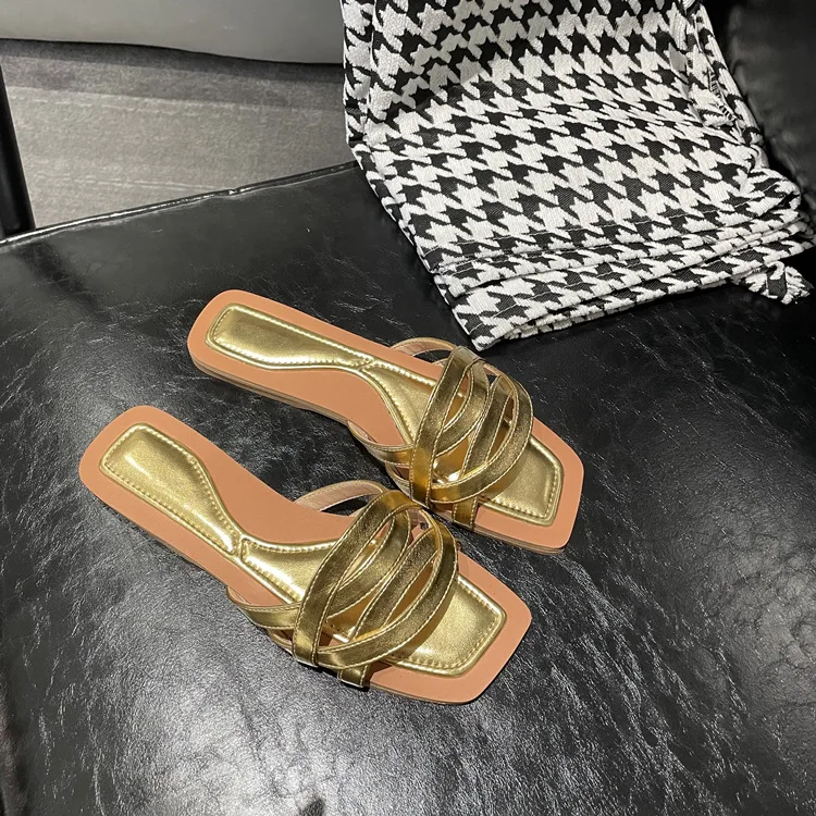 Dave&Di Fashion Ladies Elegant Square Toe Open Toe Women Summer Women\'s Shoes Slippers Flat Golden Retro Casual Sandals