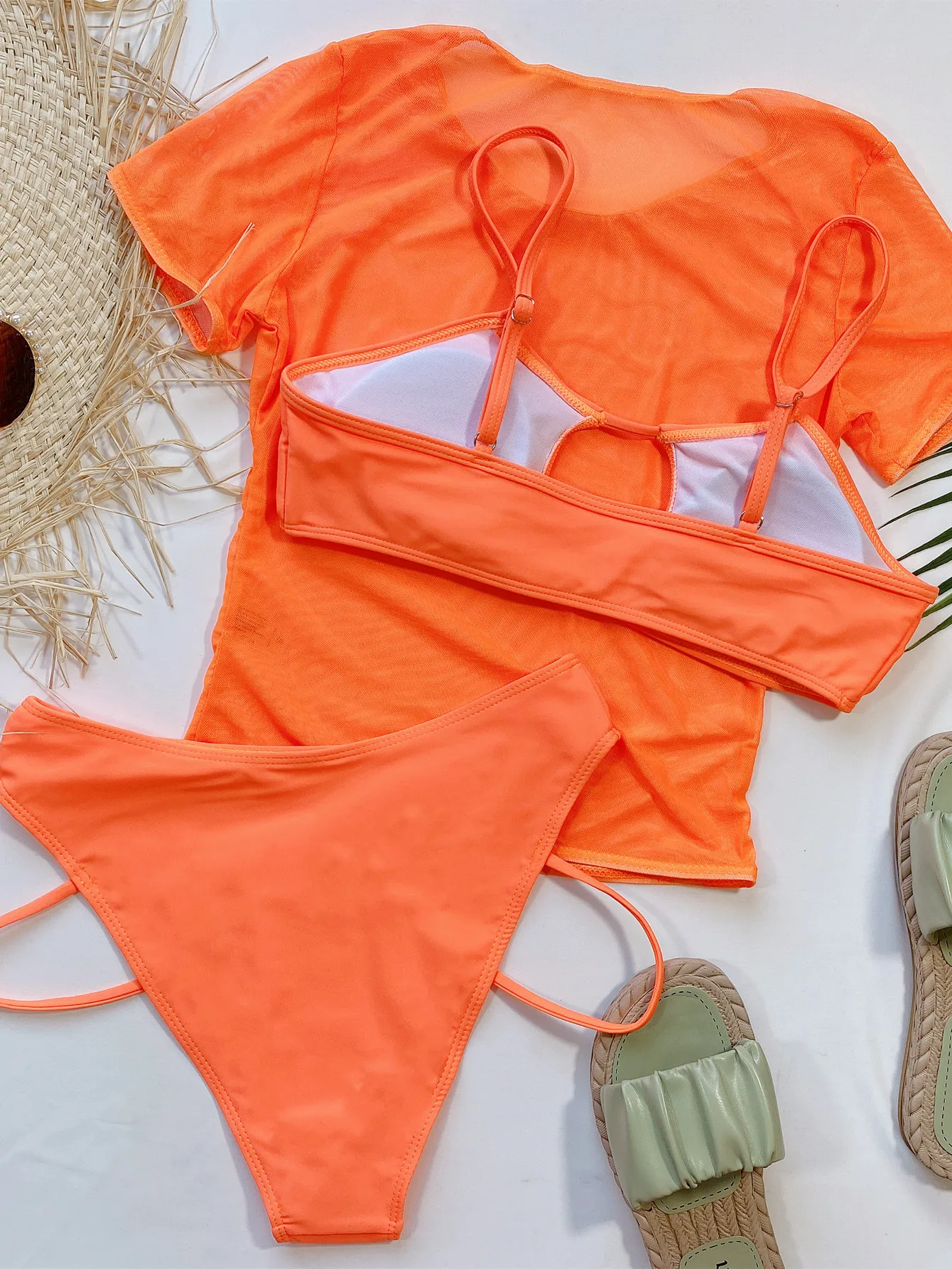 New Sexy Bikini Set 3-Piece Swimwear Swimsuit Women Orange Mesh Short Sleeve Beach Bikinis Set Bathing Suit Banadores Mujer 2024