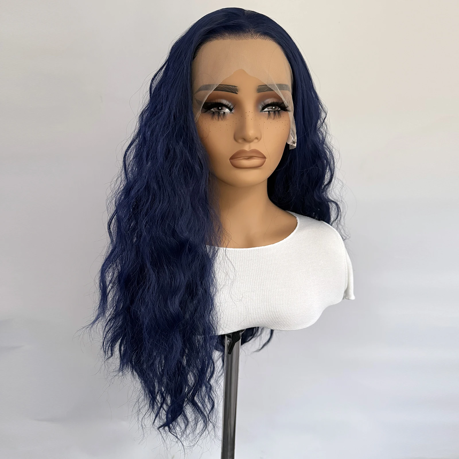 الأزرق الداكن الدانتيل شعر مستعار أمامي 13x4 الاصطناعية طويلة فضفاضة مجعد الباروكات للنساء مقاومة للحرارة الطبيعية المظهر الاستخدام اليومي تأثيري الباروكات