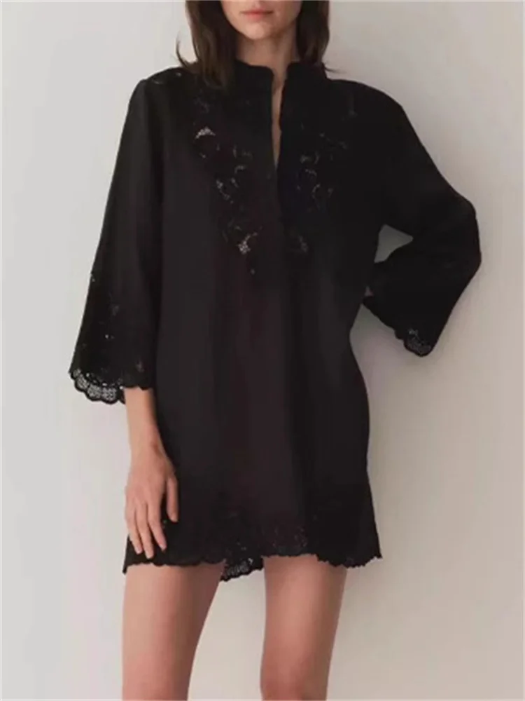 Ladies Long Sleeve 2 Colors Short Dresses New French Women Hollow Out Embroidery Mini Dress Autumn and Winter