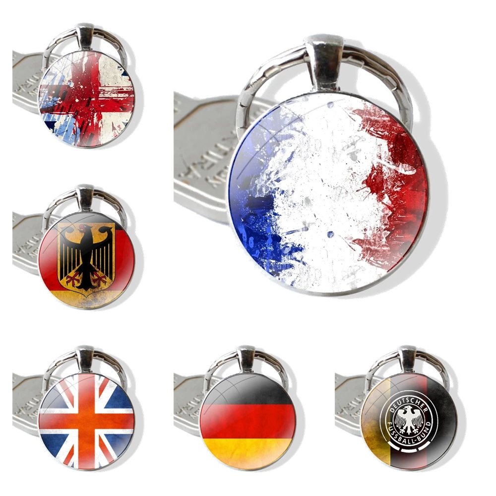 Glass Metal Pendant Key Chain Classic Men Women Key Ring Accessories Jewelry Gifts England UK France German Flag