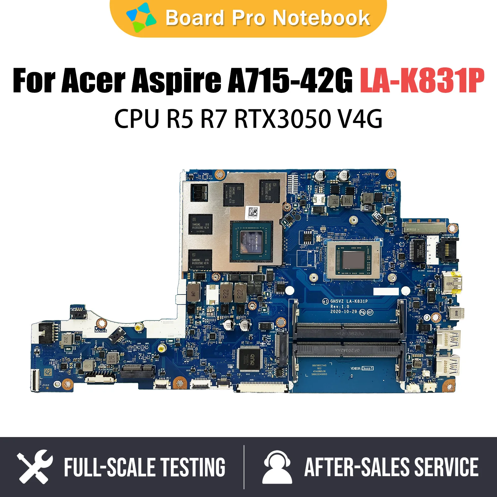 

LA-K831P Mainboard For Acer Aspire 7 A715-42G Laptop Motherboard with R5-5500U R7-5700U CPU RTX3050 V4G 100% Teste