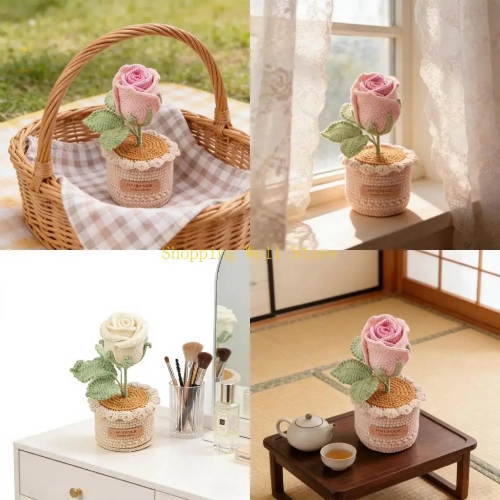 KX4B Künstliche gehäkelte Rosenblumen-Topfpflanze mit gestrickter Vase für den Valentinstag