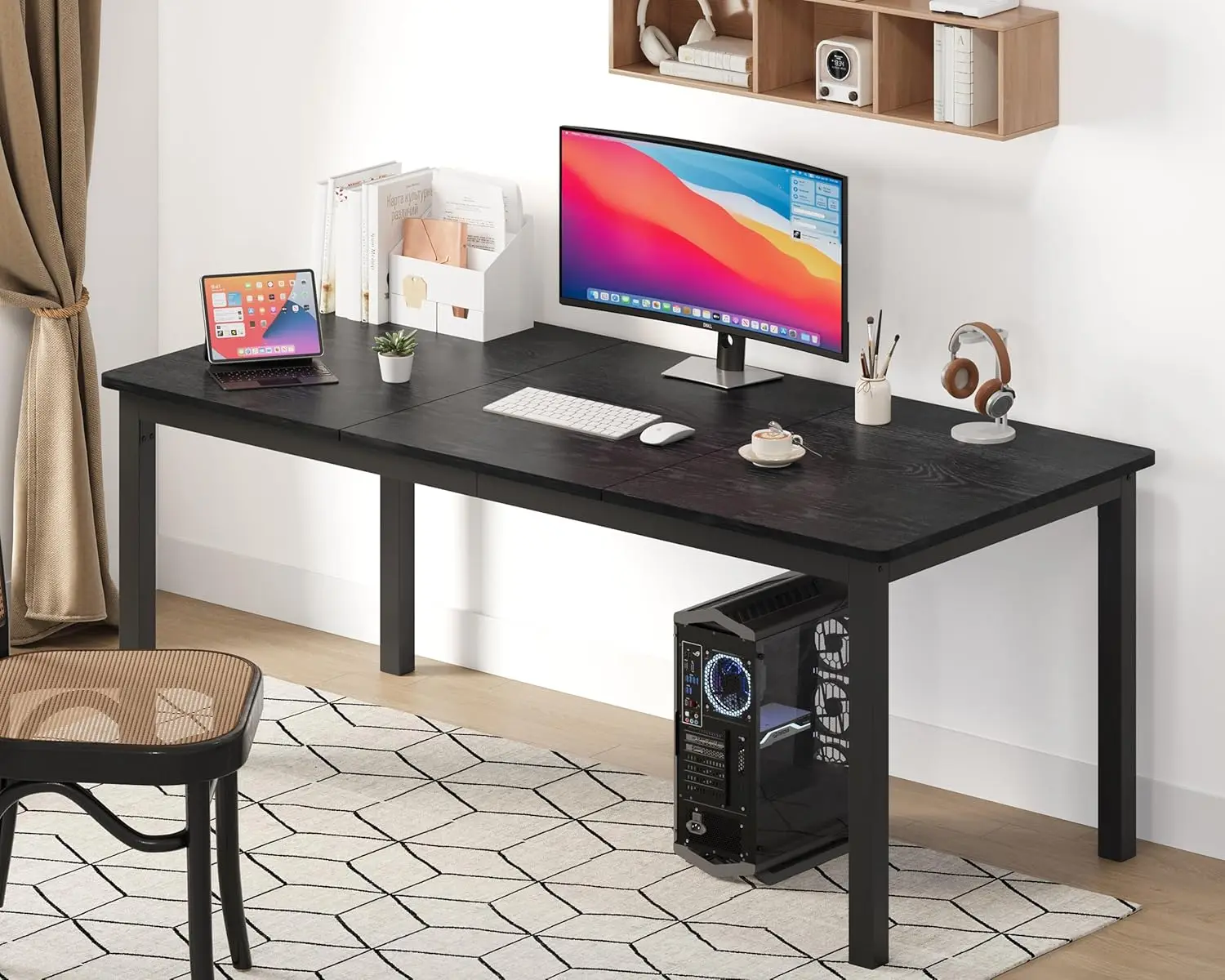 79 Inch Industrial Dining Table, Large RecKitchen Table with Metal Legs, Round Corners, Wooden Conference Tables Writing Desk