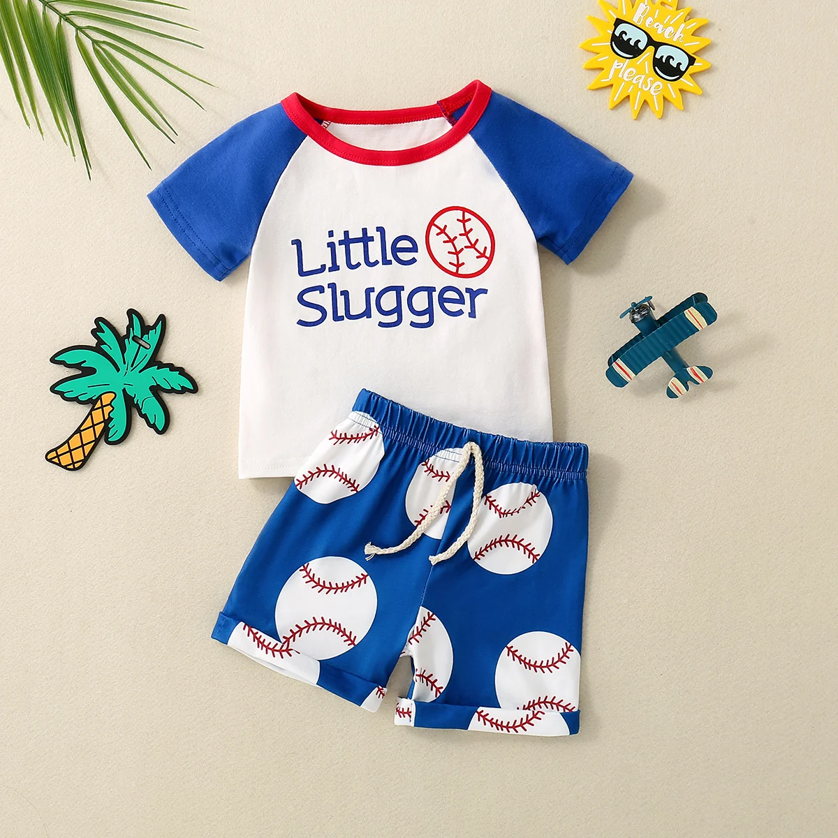 Summer unisex short-sleeved top and shorts set with rugby print for babies and toddlers