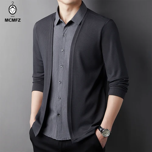 Imagen 2 del producto Camisa informal de manga larga para hombre, cárdigan falso de dos piezas cómodo para exteriores, versión coreana, Top versátil de moda de Color sólido
