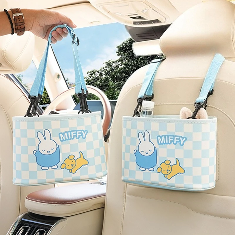 

Miffy Rabbit Cartoon Print Car Trash Can Kawaii Car Seat Back Multifunctional Storage Box Creative Leather Cars Storage Bin Gift