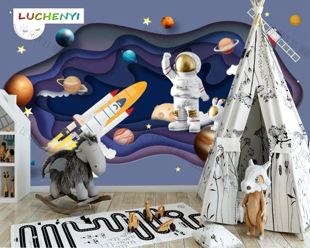 

Custom modern cartoon planet starry space Rocket astronaut kids' wallpaper mural,living room children's bedroom home decor