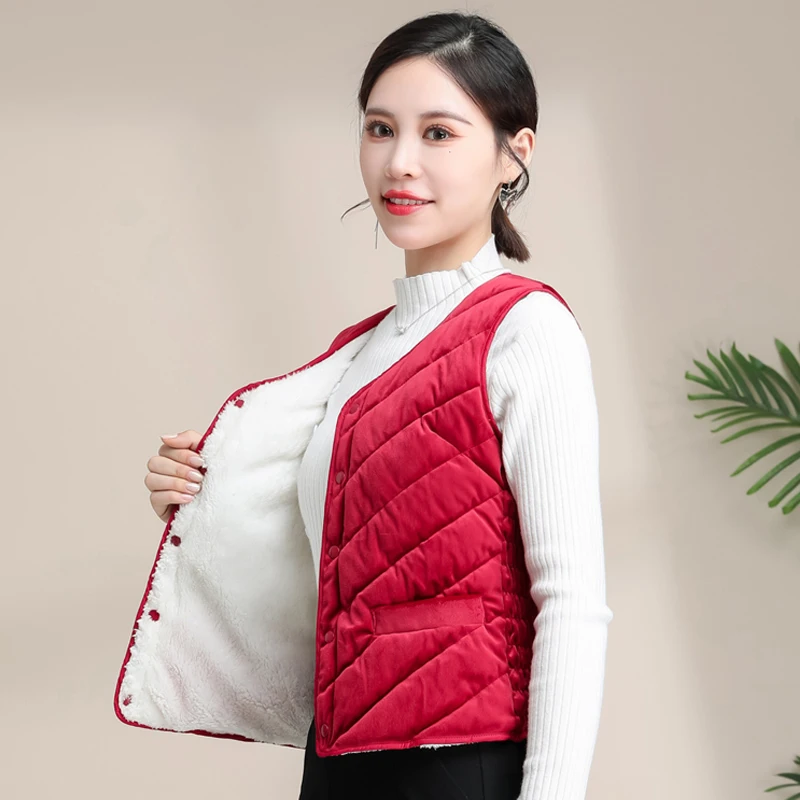 Ladies Lightweight Fce Vest Close-Fitting ort Sle Warm Inner Cotton Vest V-Ne Single Button Closure  Color