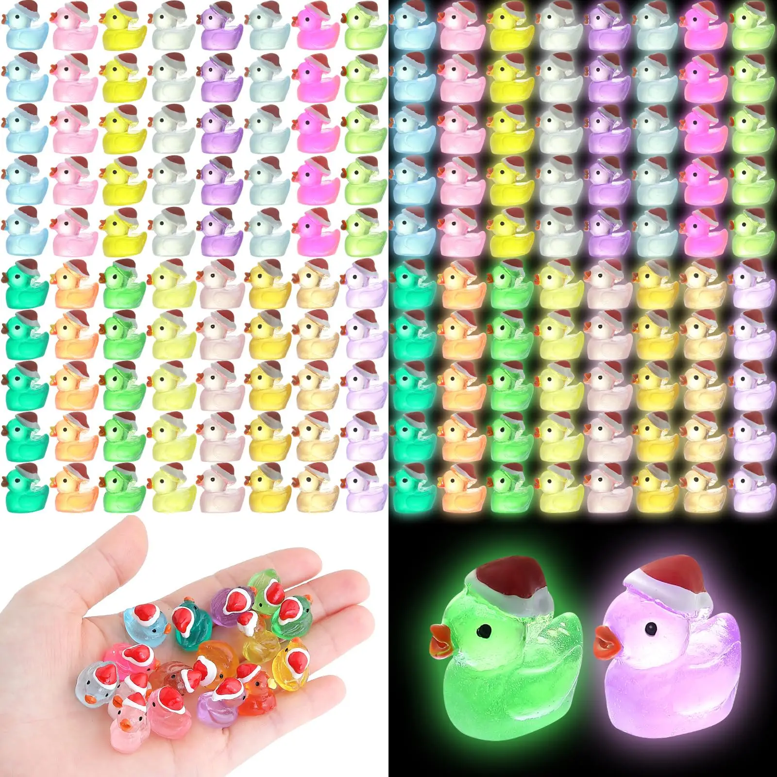 50Pcs Luminous Mini Christmas Resin Duck Miniature Glow in The Dark Ducks Christmas Decor Aquarium Ornament Dollhouse Decor DIY