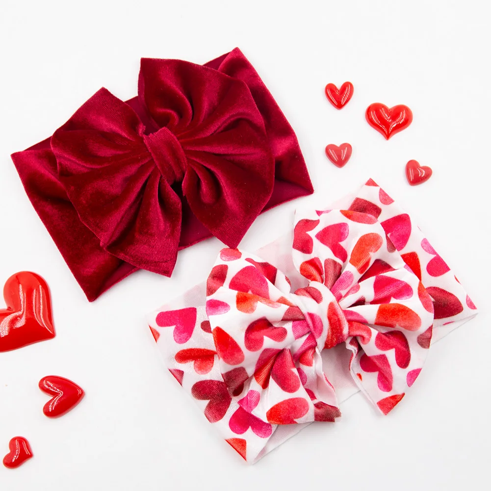 2Pcs/Lot Velvet Baby Valentine\'s Day Headbands Gift Photography Props Heart Shap Big Bows Hairbands Korean Kids Hair Accessories