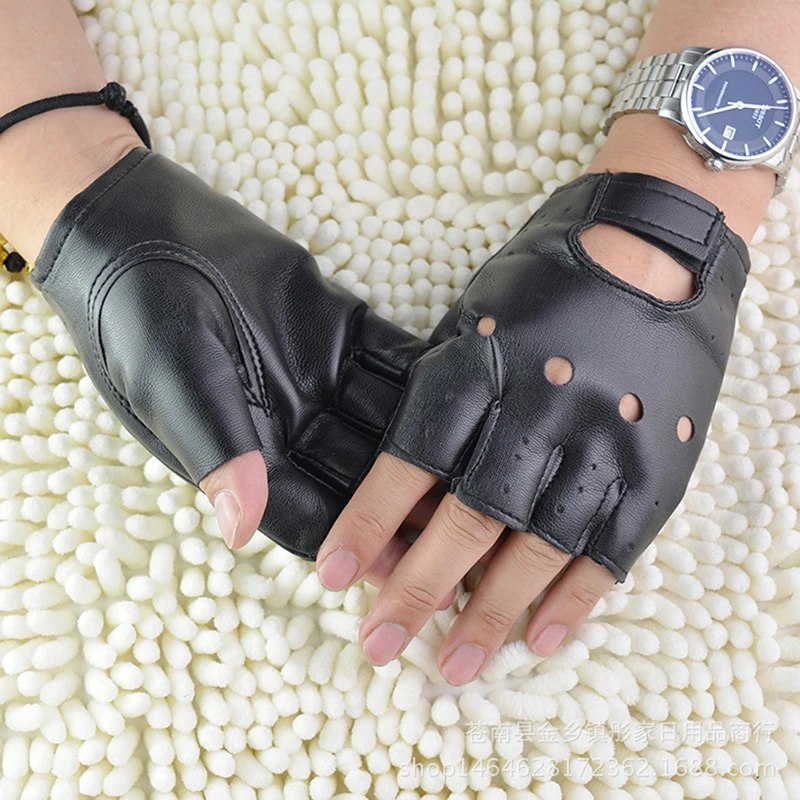 1 pair Fingerless Leather Gloves Black Fingerless Driving Half Finger Gloves Mens Made From Soft Thick Cowhide Leather Gloves