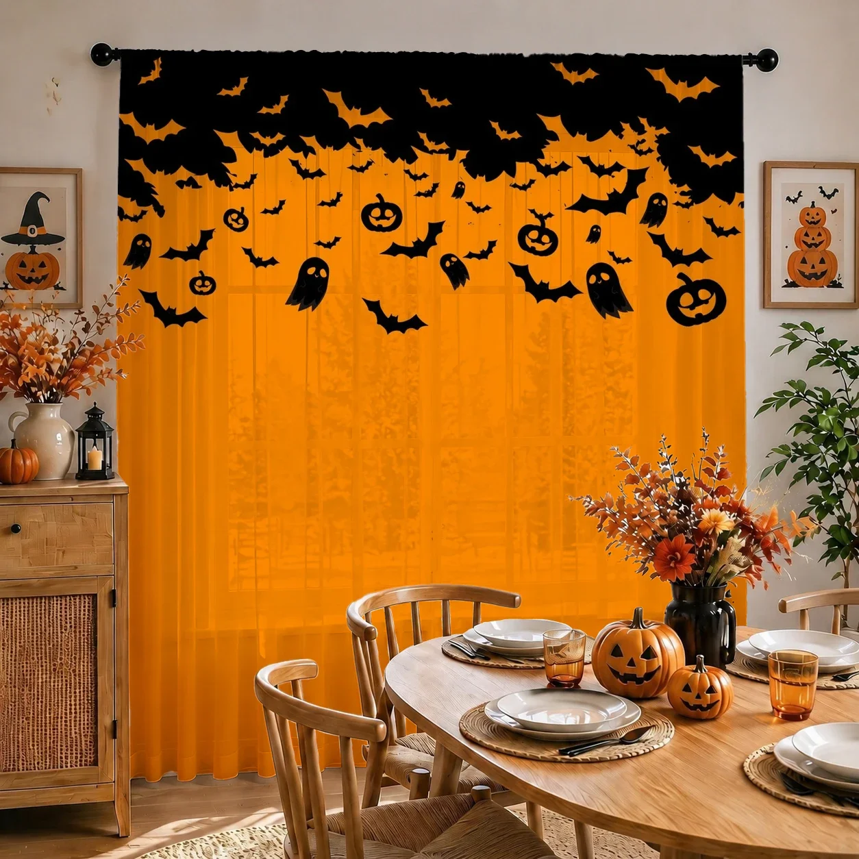 Halloween Festival Sheer Curtain, Good Quality Light Reducing Privacy Voile For Living/Bedroom/Kids Room,Halloween Festival Gift