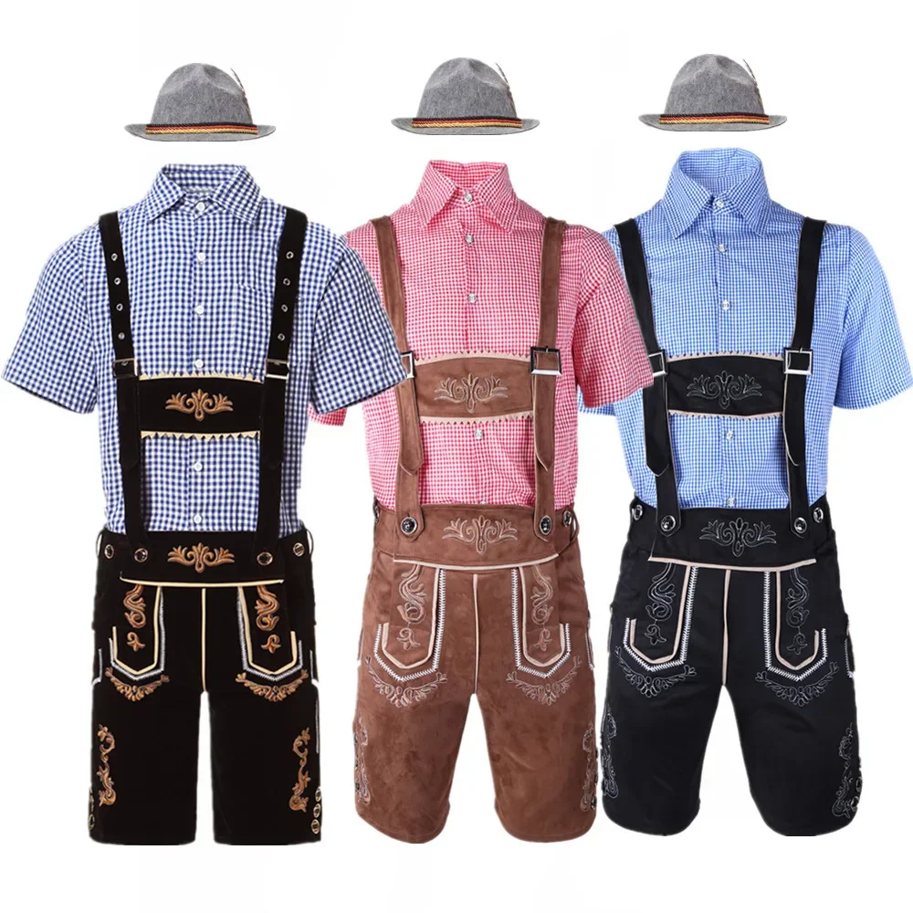 Male German Oktoberfest Lederhosen Costume Short Sleeve Suspenders Rompers Shirt Hat Bavarian Beer Festival Men Cosplay Outfit