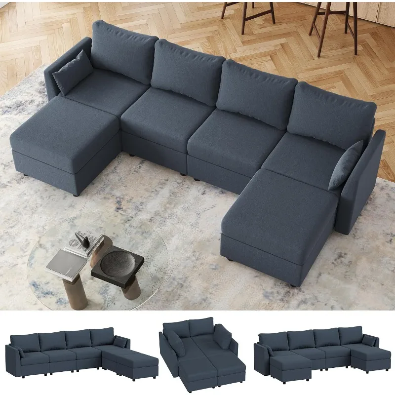 Divano componibile modulare con contenitore, divani componibili convertibili a 6 posti per soggiorno, divano componibile a forma di U con chaise longue